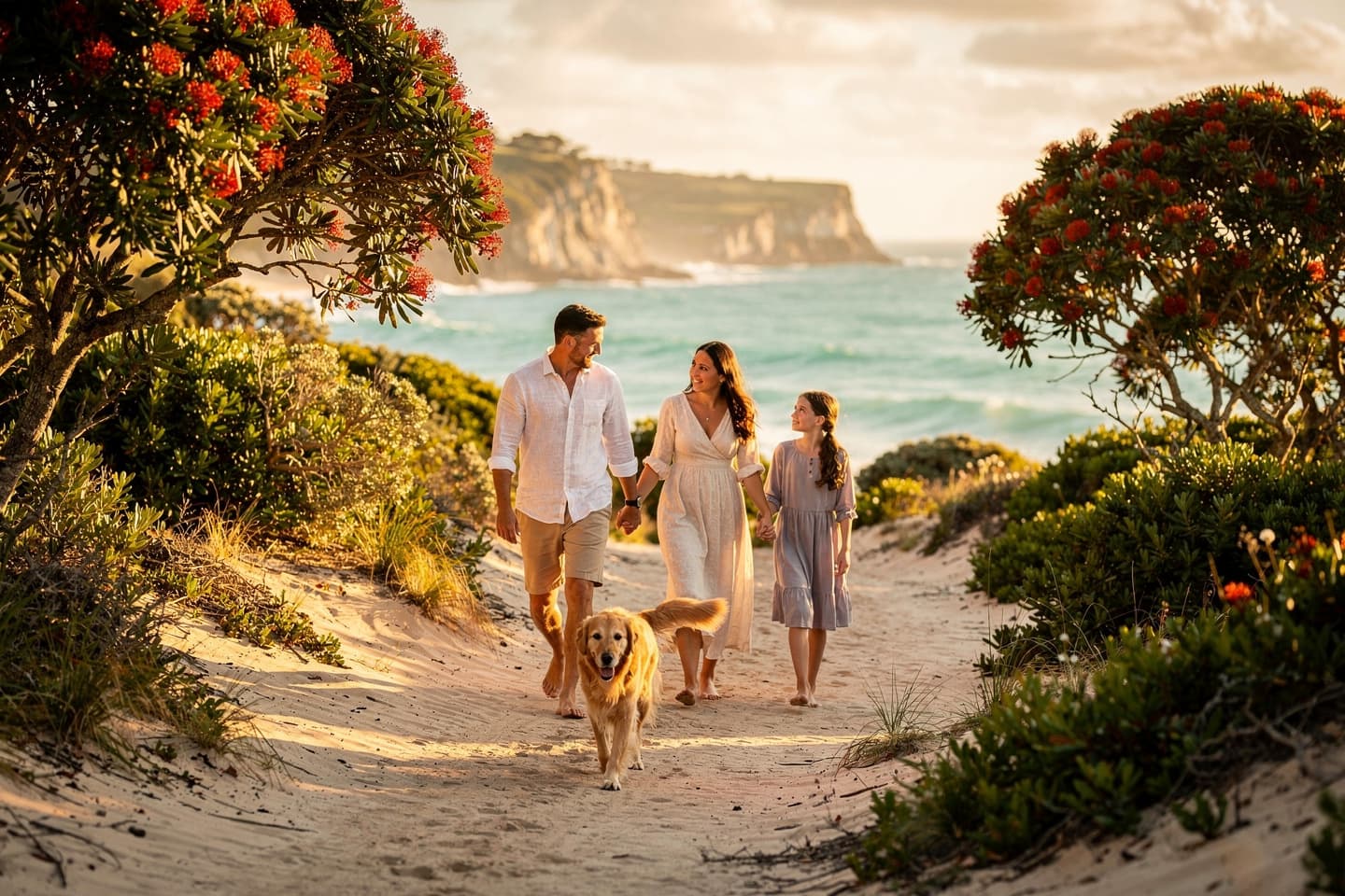 Family walking their dog along a New Zealand beach path with pohutukawa trees at golden hour