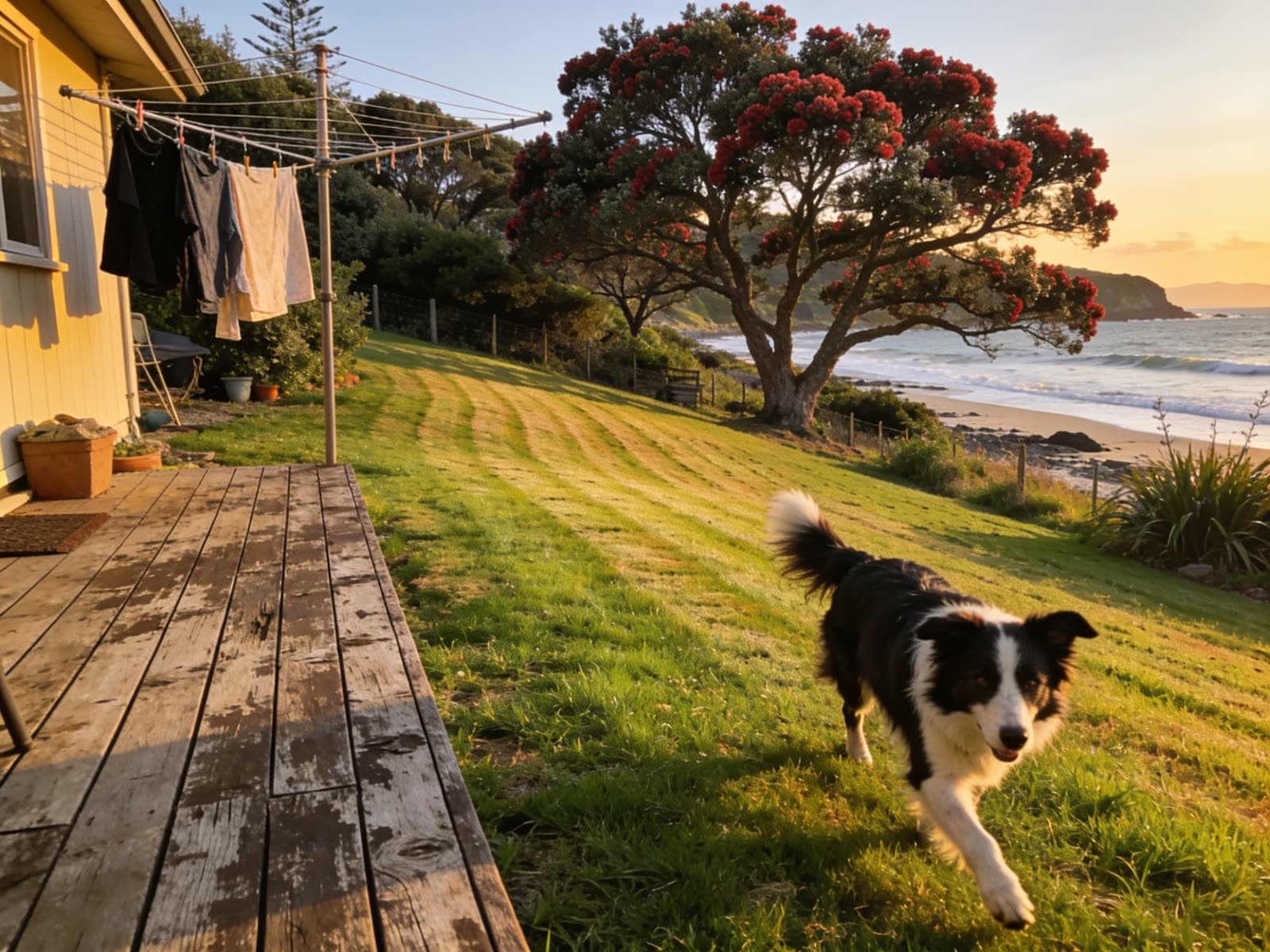 Border collie running on a coastal bach lawn under a pohutukawa tree