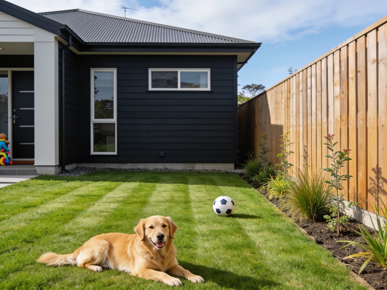 Golden retriever lying on a striped lawn in a newer Auckland backyard